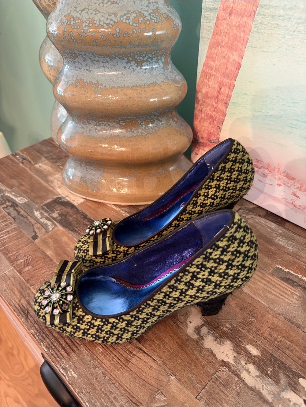 Poetic License Yellow-Green Patterned Mid Heel Pumps with Decorative Buckle - Picture 9 of 11